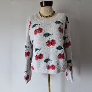 Shrinking Violet White Fuzzy Crewneck Sweater with Red Cherries. Size Medium